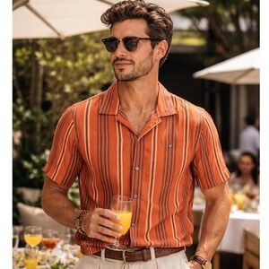 Todd Snyder Camp Collar Shirt Short Sleeve Button Up Orange Stripe L